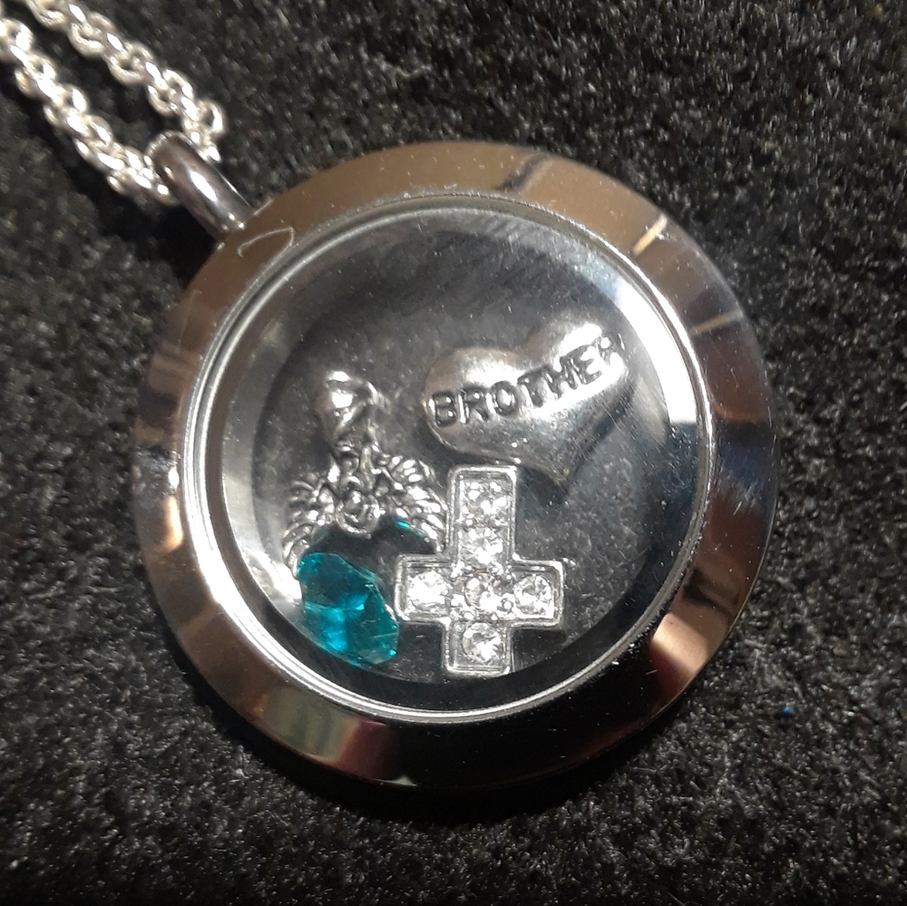 Origami Owl Necklace w/ Cross Angel Brother Charm
